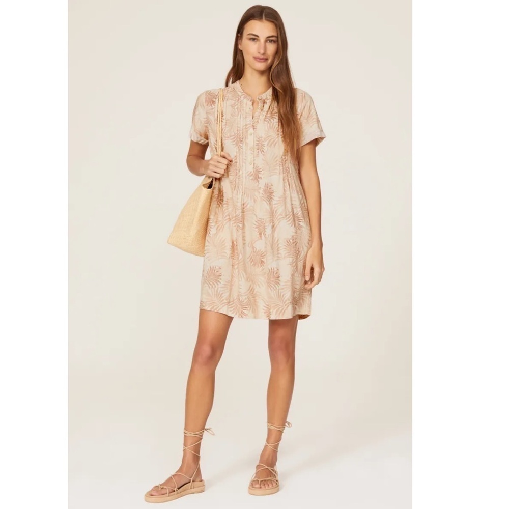 Faherty Linen Gemina Shift Dress Blue Blush Pink Palm Print Short Sleeve Size S